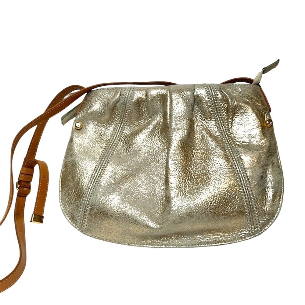 PERLINA New York Gold Metallic Crossbody Leather Bag Purse 8 x 10